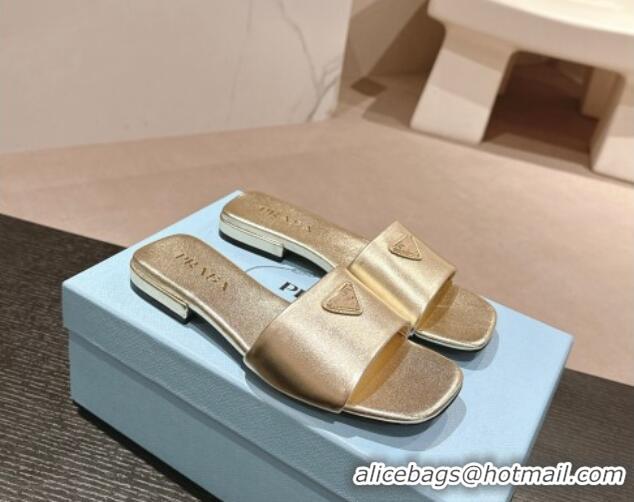 Durable Prada Leather Flat Slides Sandal Gold 611080