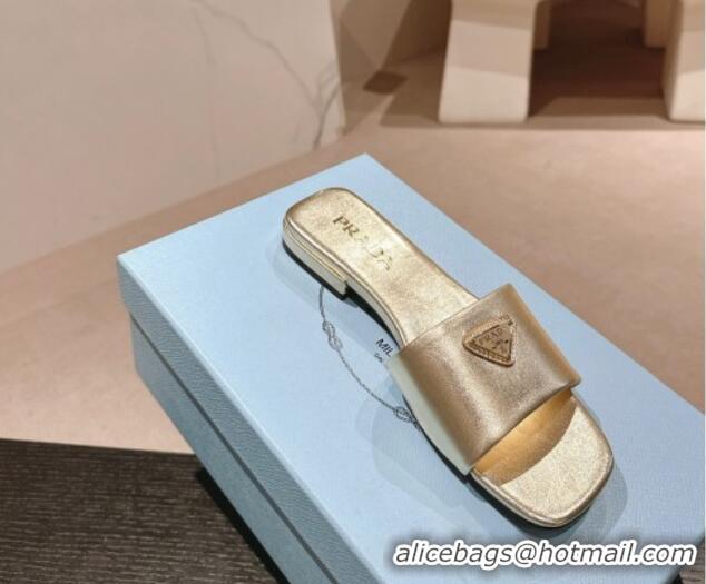 Durable Prada Leather Flat Slides Sandal Gold 611080