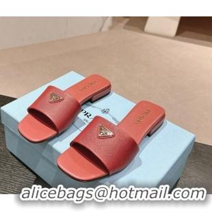 Top Grade Prada Saffiano Leather Flat Slides Sandal Red 611082