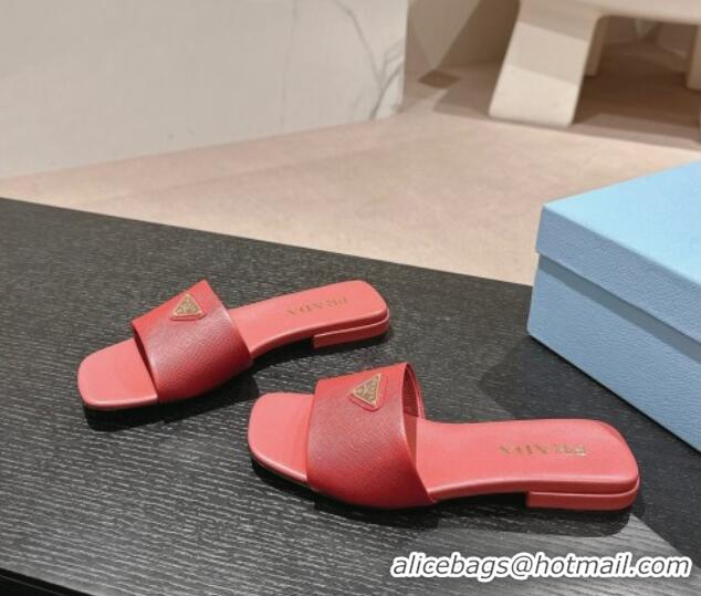 Top Grade Prada Saffiano Leather Flat Slides Sandal Red 611082