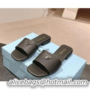 Grade Quality Prada Saffiano Leather Flat Slides Sandal Black 11083