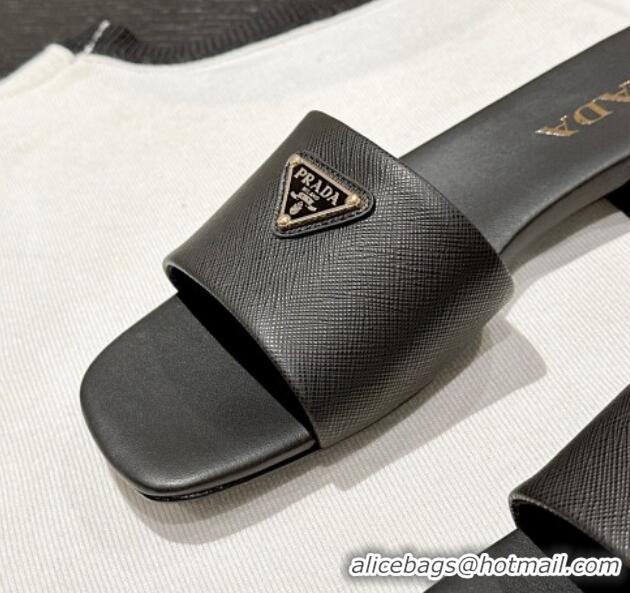 Grade Quality Prada Saffiano Leather Flat Slides Sandal Black 11083