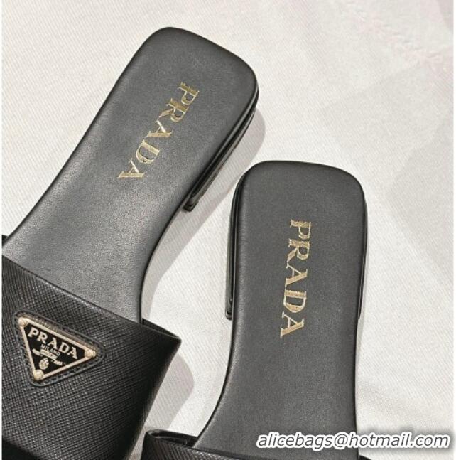 Grade Quality Prada Saffiano Leather Flat Slides Sandal Black 11083