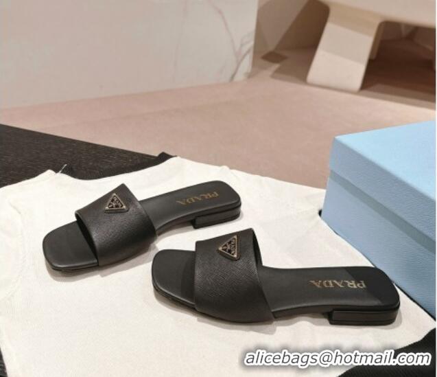 Grade Quality Prada Saffiano Leather Flat Slides Sandal Black 11083