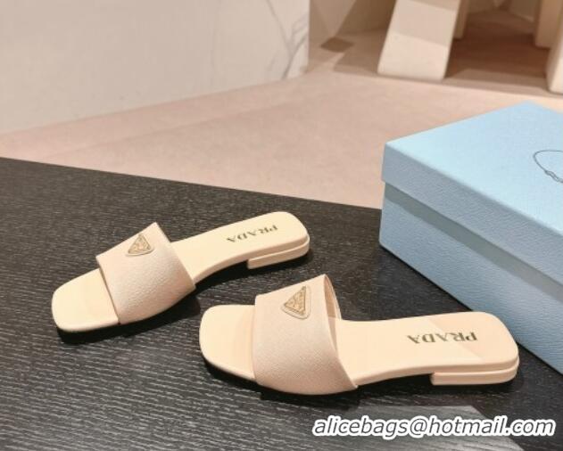 Unique Style Prada Saffiano Leather Flat Slides Sandal Light Beige 0611084