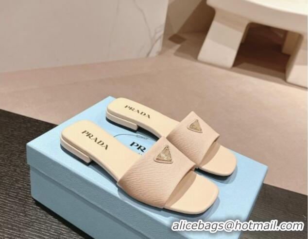 Unique Style Prada Saffiano Leather Flat Slides Sandal Light Beige 0611084