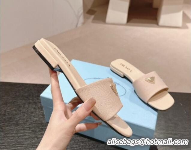 Unique Style Prada Saffiano Leather Flat Slides Sandal Light Beige 0611084