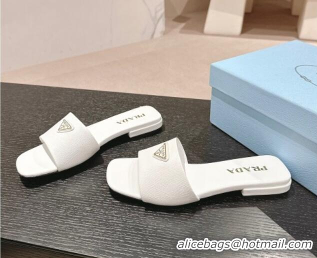 Popular Style Prada Saffiano Leather Flat Slides Sandal White 611085