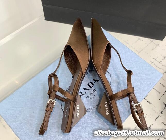 Classic Hot Prada Satin Slingback Pumps 3.5cm Brown 0611090