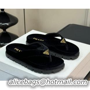 Good Quality Prada Velvet Flat Thong Slides Sandal Black 611094