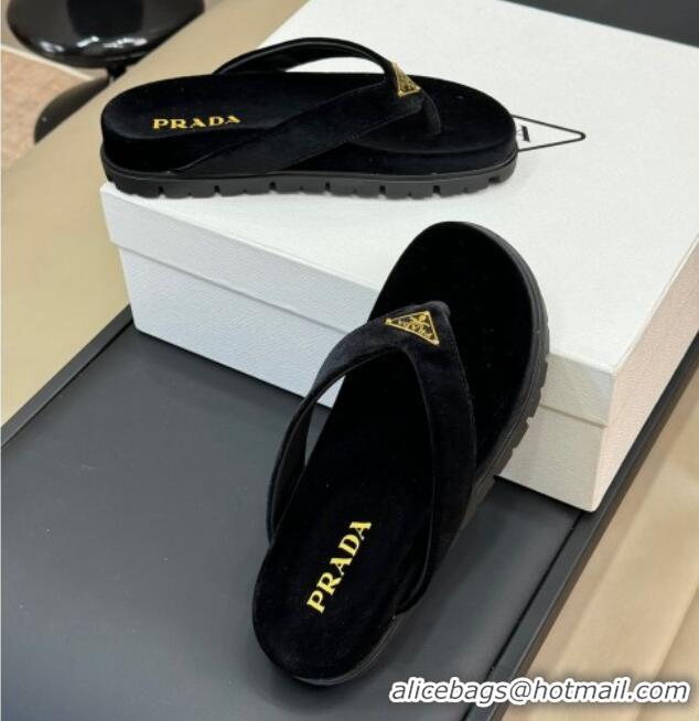 Good Quality Prada Velvet Flat Thong Slides Sandal Black 611094