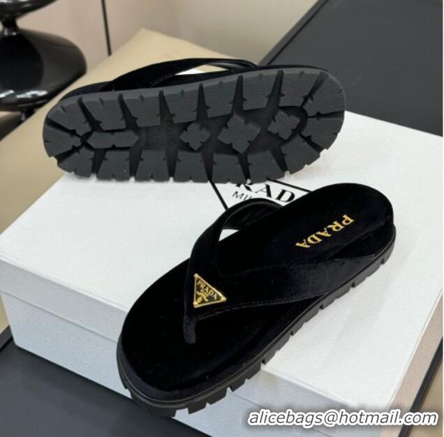 Good Quality Prada Velvet Flat Thong Slides Sandal Black 611094