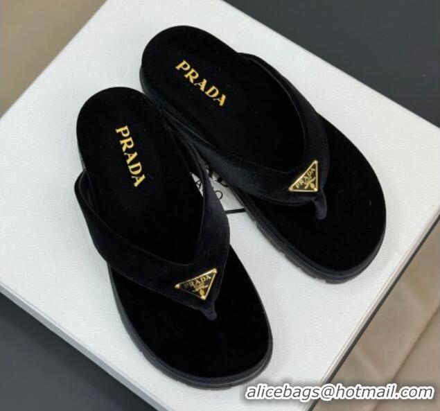 Good Quality Prada Velvet Flat Thong Slides Sandal Black 611094