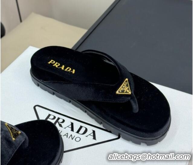 Good Quality Prada Velvet Flat Thong Slides Sandal Black 611094