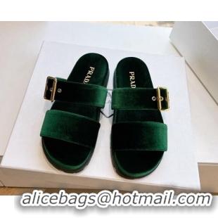 Perfect Prada Velvet Flat Slides Sandal with Buckle Green 611095