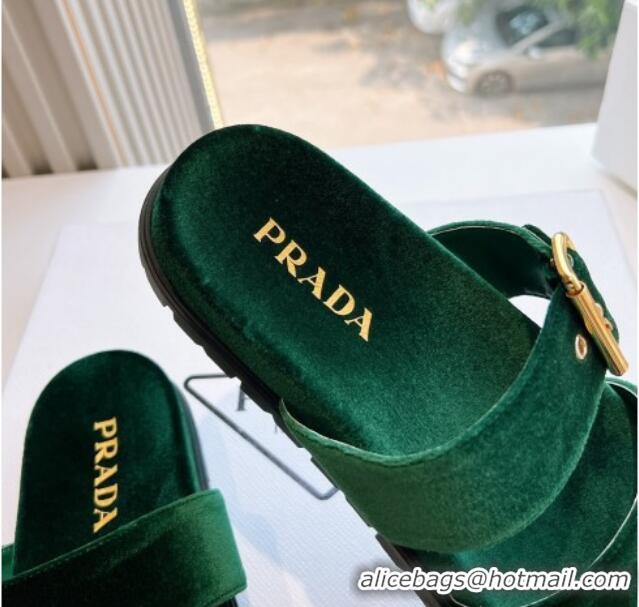 Perfect Prada Velvet Flat Slides Sandal with Buckle Green 611095