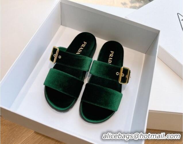 Perfect Prada Velvet Flat Slides Sandal with Buckle Green 611095