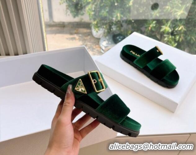 Perfect Prada Velvet Flat Slides Sandal with Buckle Green 611095