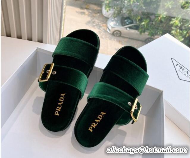 Perfect Prada Velvet Flat Slides Sandal with Buckle Green 611095