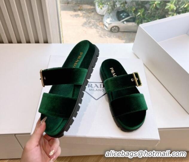 Perfect Prada Velvet Flat Slides Sandal with Buckle Green 611095