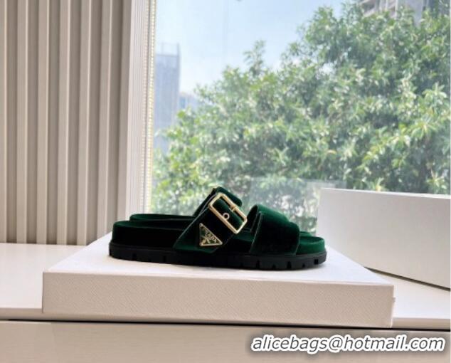 Perfect Prada Velvet Flat Slides Sandal with Buckle Green 611095