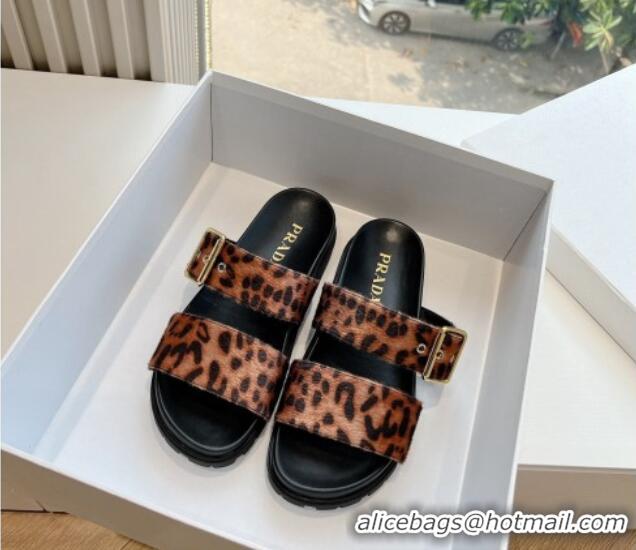 Pretty Style Prada Animal Print Flat Slides Sandal with Buckle 611096