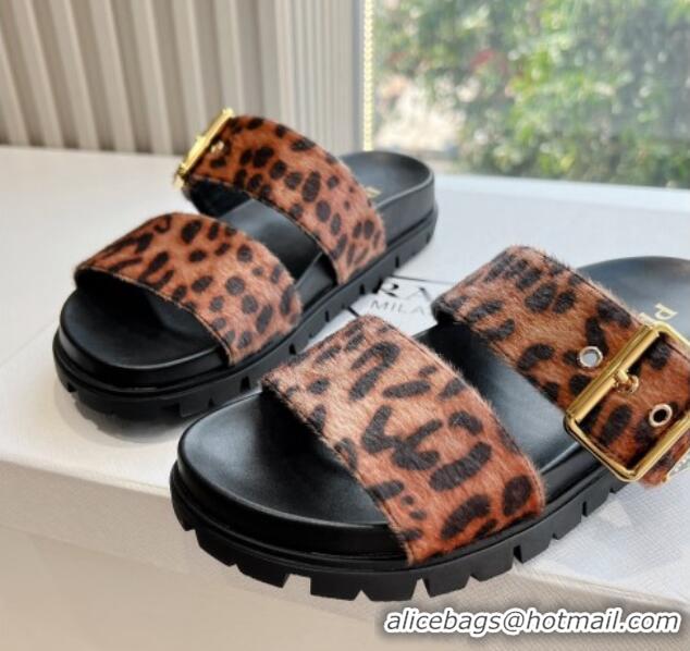 Pretty Style Prada Animal Print Flat Slides Sandal with Buckle 611096