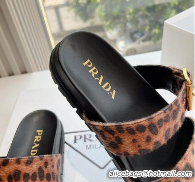 Pretty Style Prada Animal Print Flat Slides Sandal with Buckle 611096