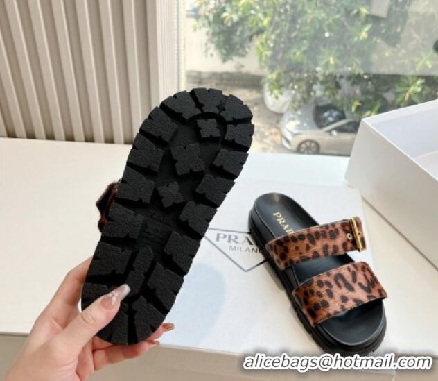 Pretty Style Prada Animal Print Flat Slides Sandal with Buckle 611096