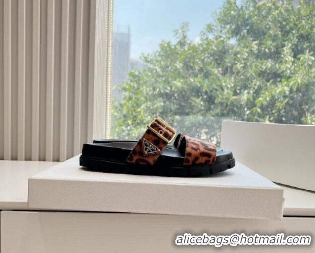 Pretty Style Prada Animal Print Flat Slides Sandal with Buckle 611096