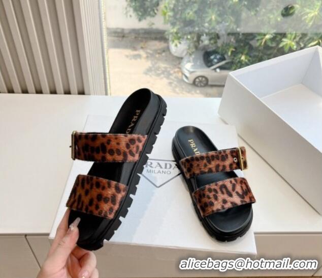 Pretty Style Prada Animal Print Flat Slides Sandal with Buckle 611096