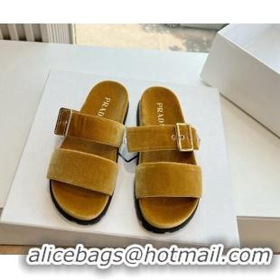 Good Quality Prada Velvet Flat Slides Sandal with Buckle Yellow 611097