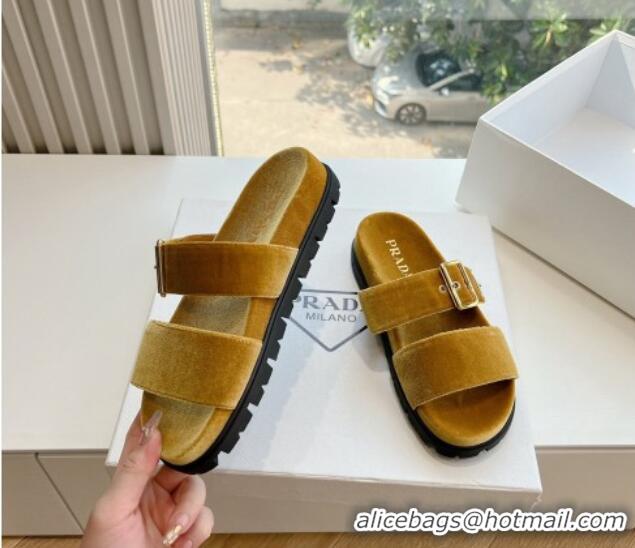 Good Quality Prada Velvet Flat Slides Sandal with Buckle Yellow 611097