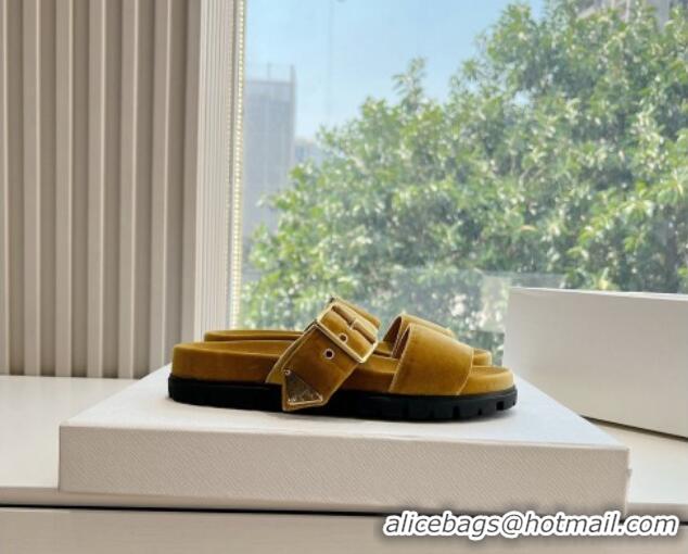 Good Quality Prada Velvet Flat Slides Sandal with Buckle Yellow 611097