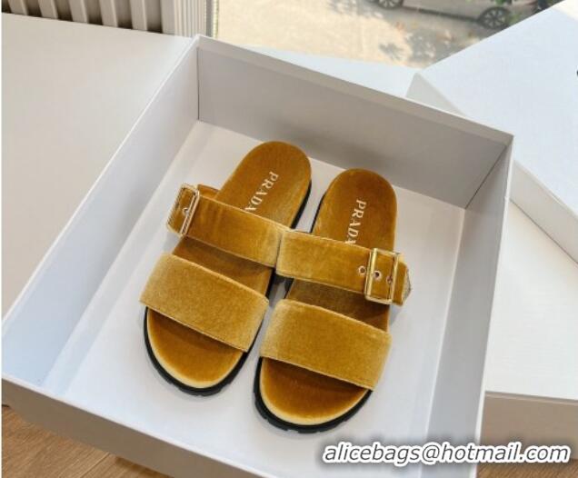 Good Quality Prada Velvet Flat Slides Sandal with Buckle Yellow 611097