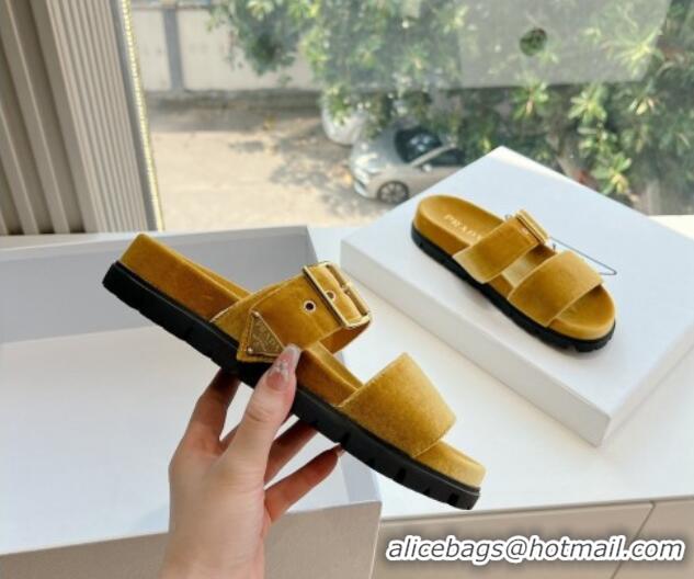 Good Quality Prada Velvet Flat Slides Sandal with Buckle Yellow 611097