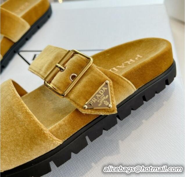 Good Quality Prada Velvet Flat Slides Sandal with Buckle Yellow 611097