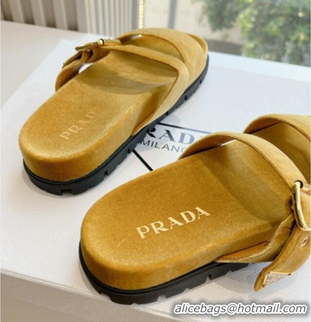 Good Quality Prada Velvet Flat Slides Sandal with Buckle Yellow 611097