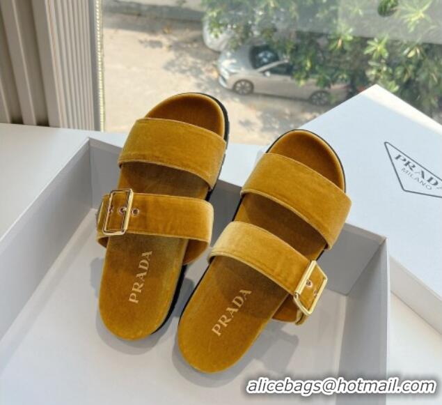 Good Quality Prada Velvet Flat Slides Sandal with Buckle Yellow 611097