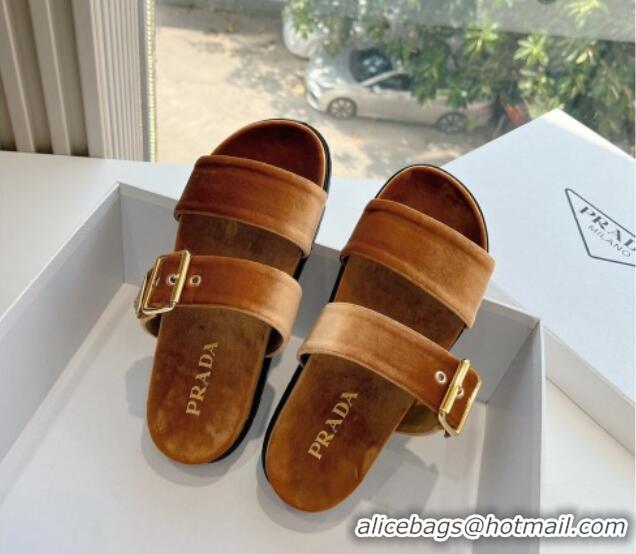 Low Price Prada Velvet Flat Slides Sandal with Buckle Brown 611098