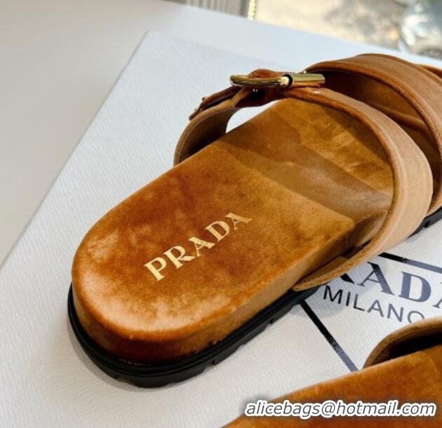 Low Price Prada Velvet Flat Slides Sandal with Buckle Brown 611098