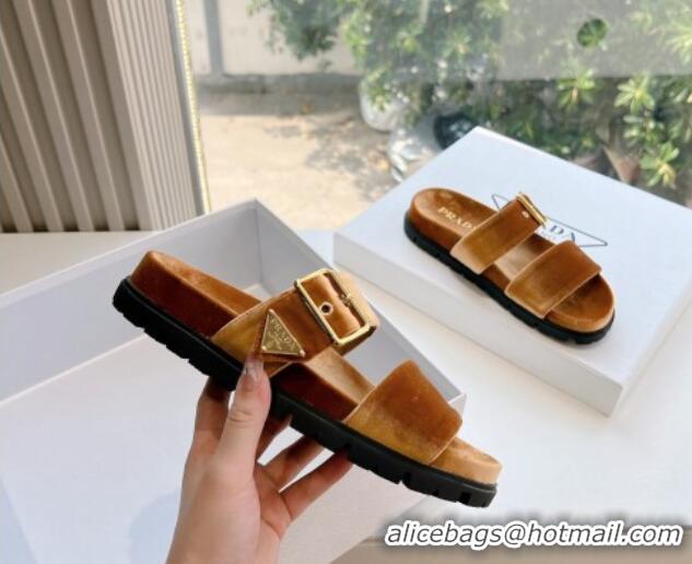 Low Price Prada Velvet Flat Slides Sandal with Buckle Brown 611098