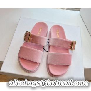 Durable Prada Velvet Flat Slides Sandal with Buckle Light Pink 611099