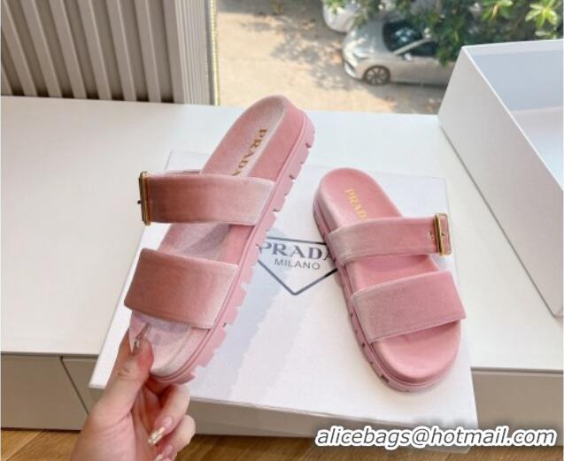 Durable Prada Velvet Flat Slides Sandal with Buckle Light Pink 611099