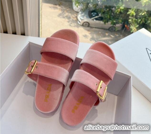 Durable Prada Velvet Flat Slides Sandal with Buckle Light Pink 611099