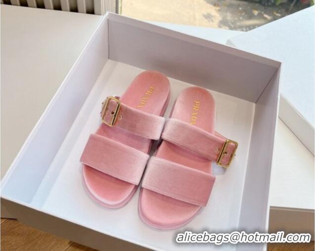 Durable Prada Velvet Flat Slides Sandal with Buckle Light Pink 611099