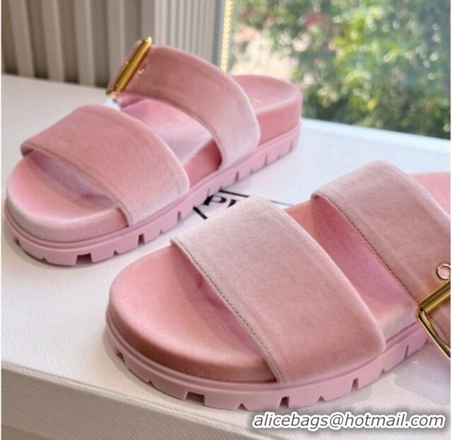 Durable Prada Velvet Flat Slides Sandal with Buckle Light Pink 611099