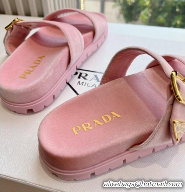 Durable Prada Velvet Flat Slides Sandal with Buckle Light Pink 611099