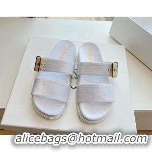 Duplicate Prada Velvet Flat Slides Sandal with Buckle White 611100