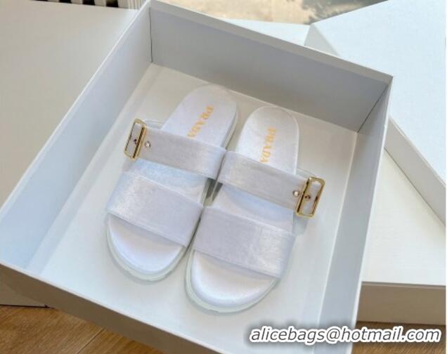 Duplicate Prada Velvet Flat Slides Sandal with Buckle White 611100